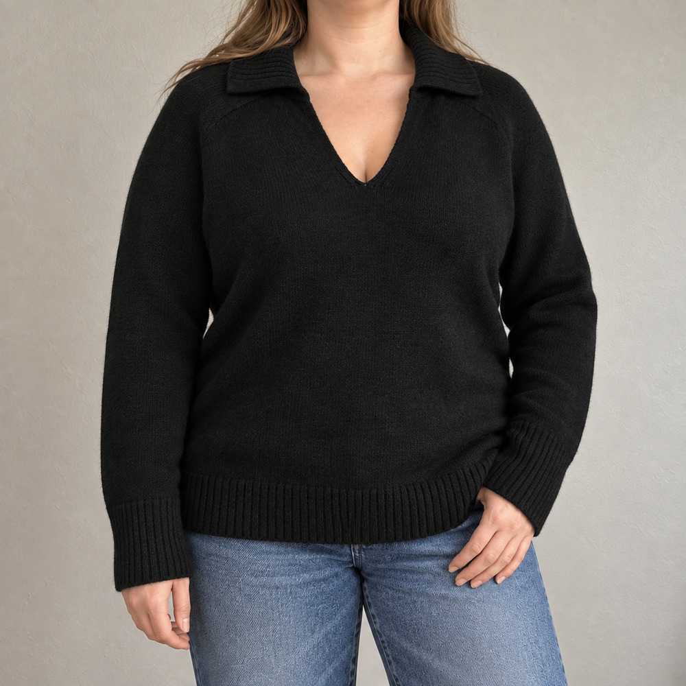 Peruvian Connection Black Royal Alpaca Polo Sweater XL Collared V Minimalist
